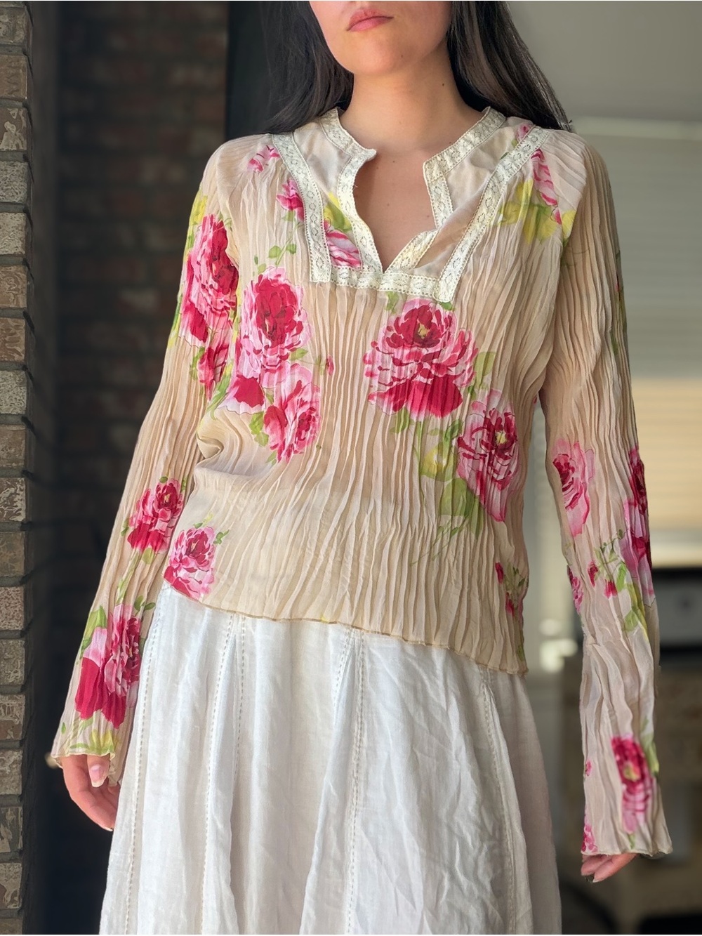 Y2K Boho Guess sheer pink floral blouse bell sleeve fairy top